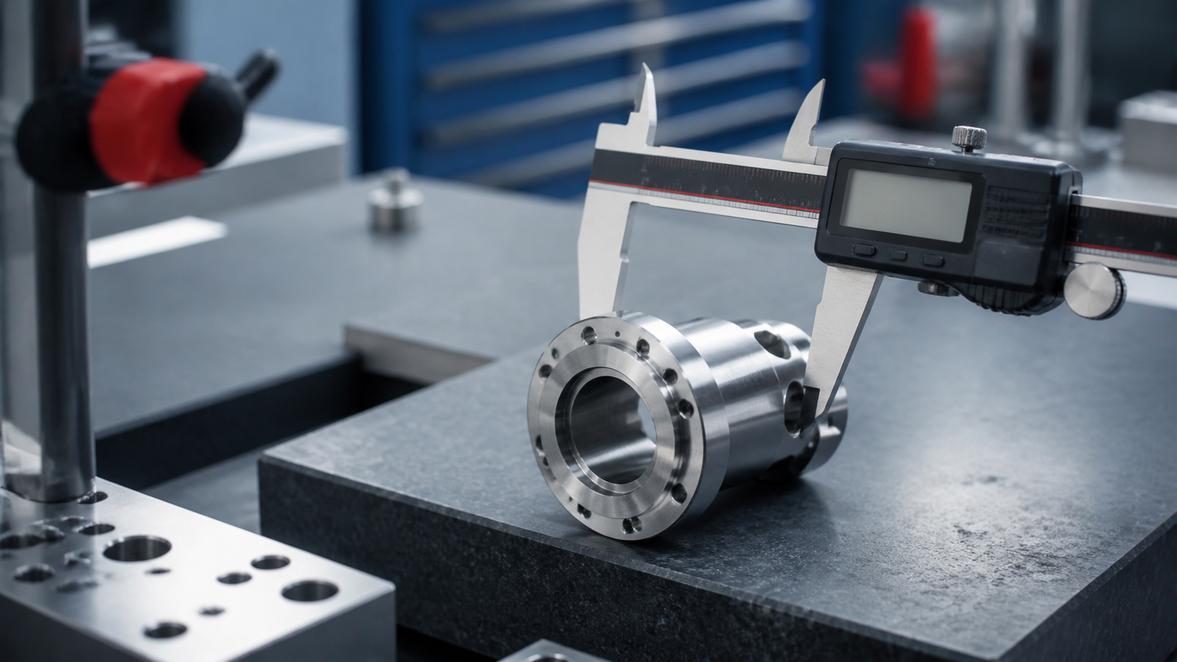 Precision inspection of a finished machined component using a digital caliper